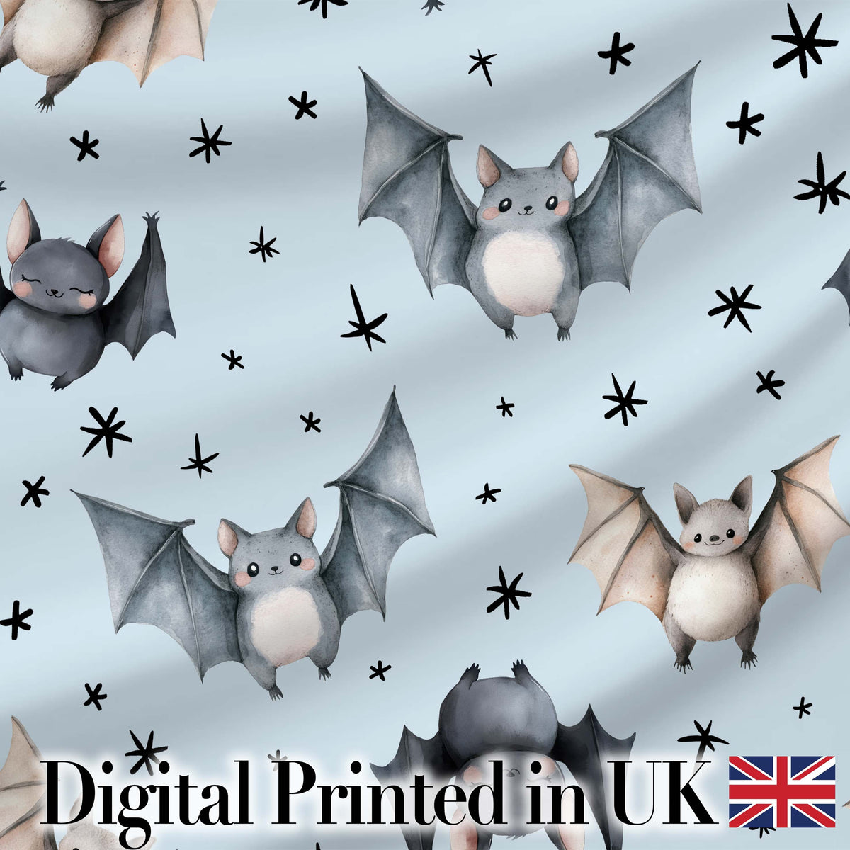 Cute Baby Bats with Stars Night Sky Blue Background Seamless Pattern Digital Print Fabric by the Metre UK Sewing Quilting Textile