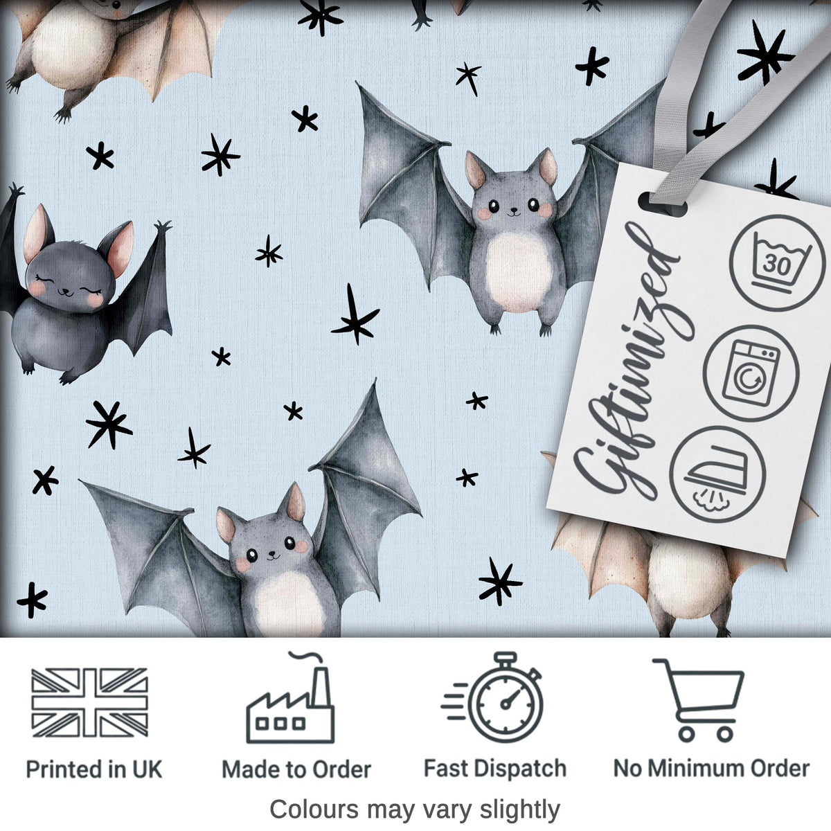 Cute Baby Bats with Stars Night Sky Blue Background Seamless Pattern Digital Print Fabric by the Metre UK Sewing Quilting Textile