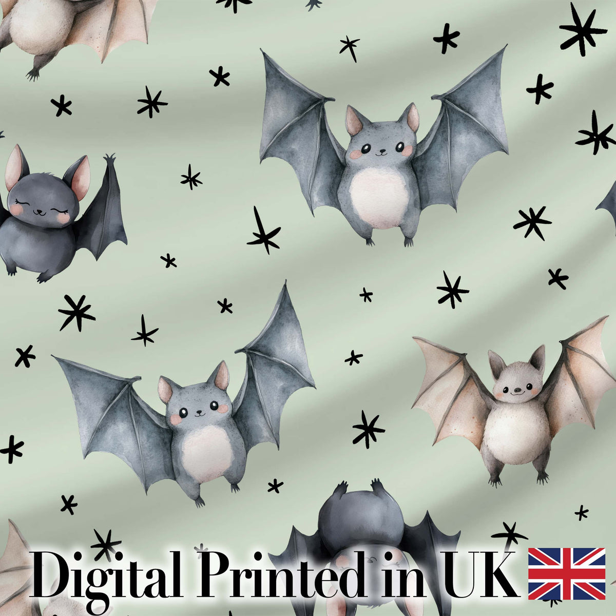 Cute Baby Bats Flying with Stars Soft Sage Green Background Seamless Pattern Digital Print Fabric by the Metre UK Sewing Quilting Textile