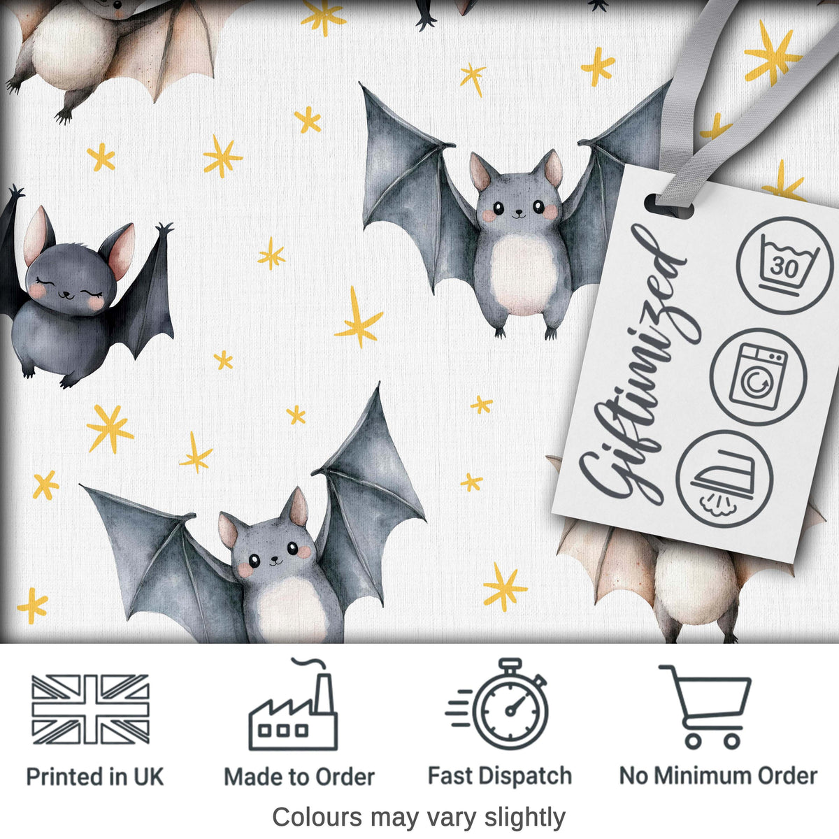 Cute Baby Bats Flying with Stars Soft White Background Seamless Pattern Digital Print Fabric by the Metre UK Sewing Quilting Textile