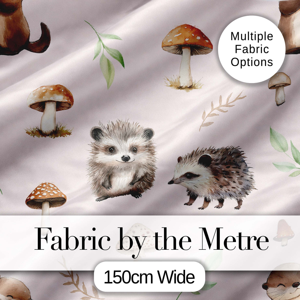 Woodland Hedgehog with Mushrooms Leaves Soft Pink Seamless Pattern Digital Print Fabric by the Metre UK Sewing Quilting Textile