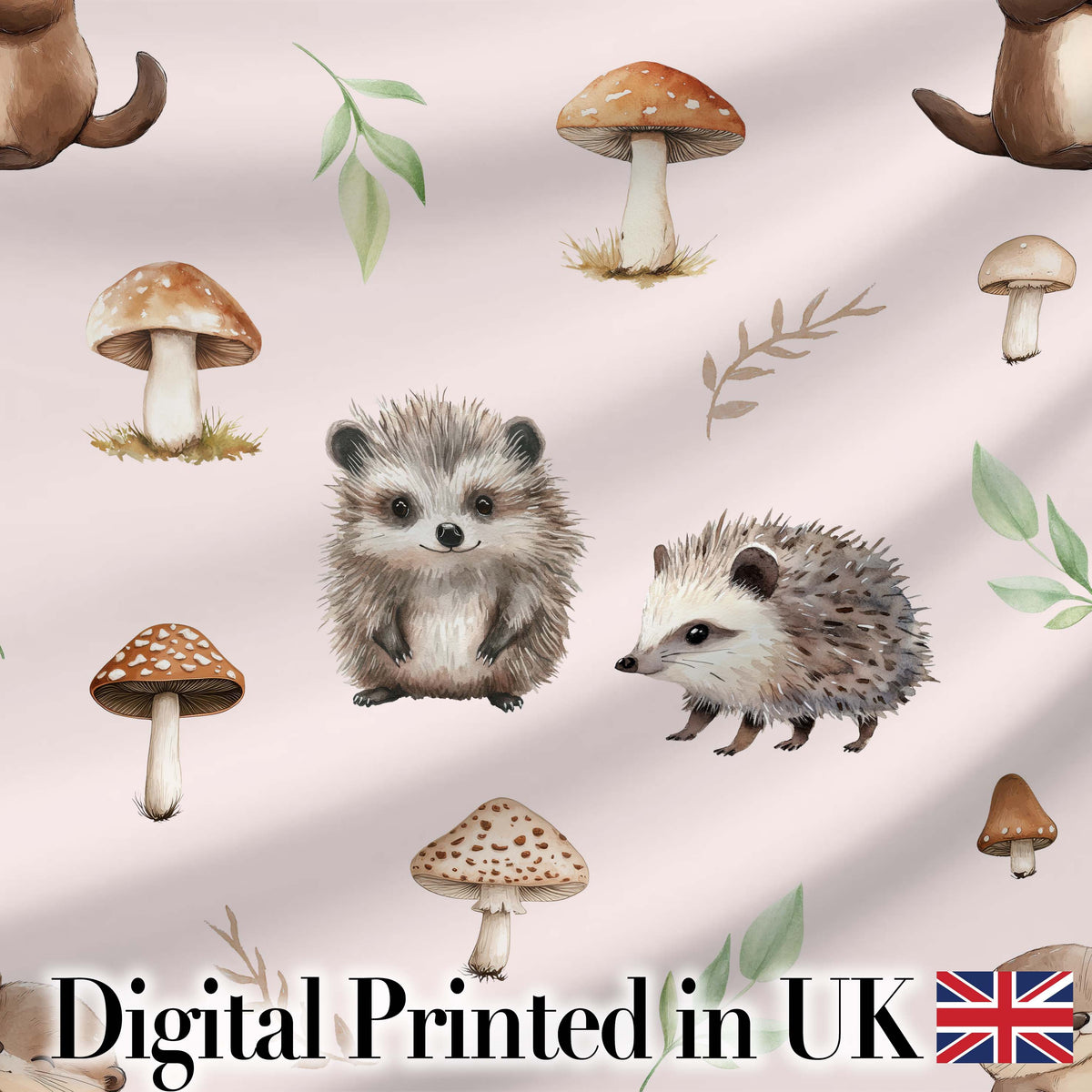 Woodland Hedgehog with Mushrooms Leaves Soft Pink Seamless Pattern Digital Print Fabric by the Metre UK Sewing Quilting Textile