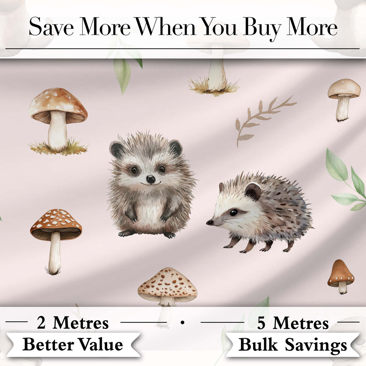 Woodland Hedgehog with Mushrooms Leaves Soft Pink Seamless Pattern Digital Print Fabric by the Metre UK Sewing Quilting Textile