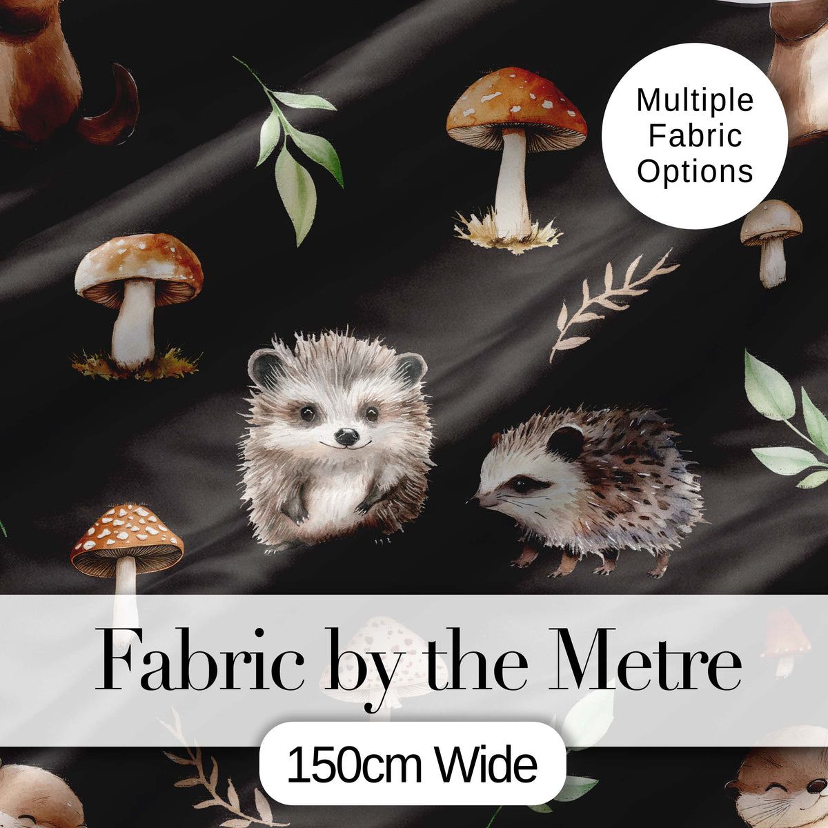 Woodland Hedgehogs with Mushrooms Leaves Dark Brown Seamless Pattern Digital Print Fabric by the Metre UK Sewing Quilting Textile
