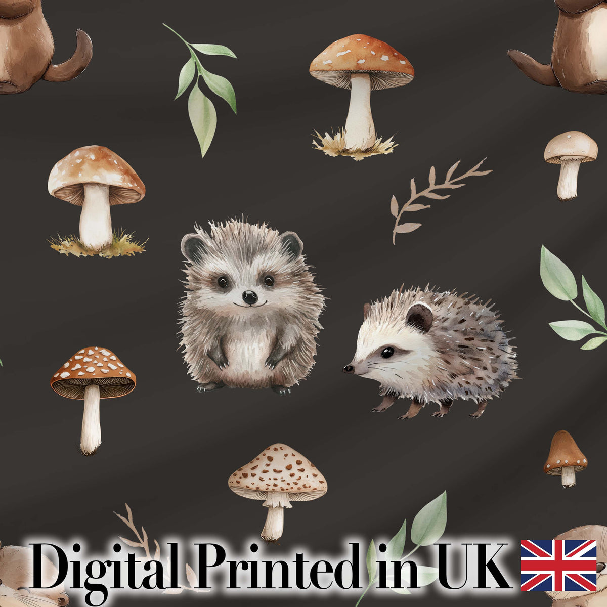 Woodland Hedgehogs with Mushrooms Leaves Dark Brown Seamless Pattern Digital Print Fabric by the Metre UK Sewing Quilting Textile