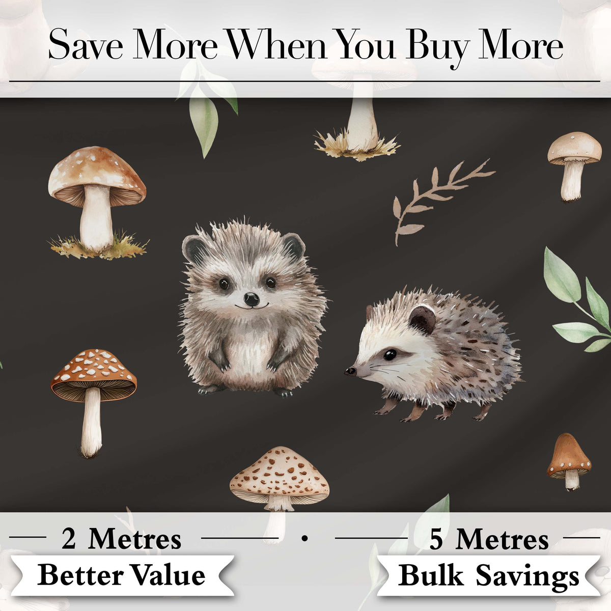 Woodland Hedgehogs with Mushrooms Leaves Dark Brown Seamless Pattern Digital Print Fabric by the Metre UK Sewing Quilting Textile