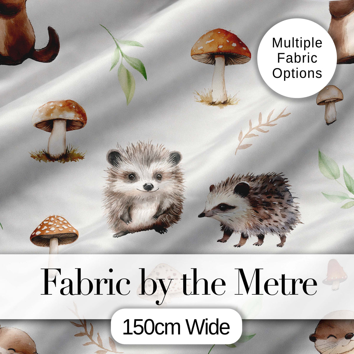 Woodland Hedgehogs with Mushrooms Leaves Light Grey Seamless Pattern Digital Print Fabric by the Metre UK Sewing Quilting Textile
