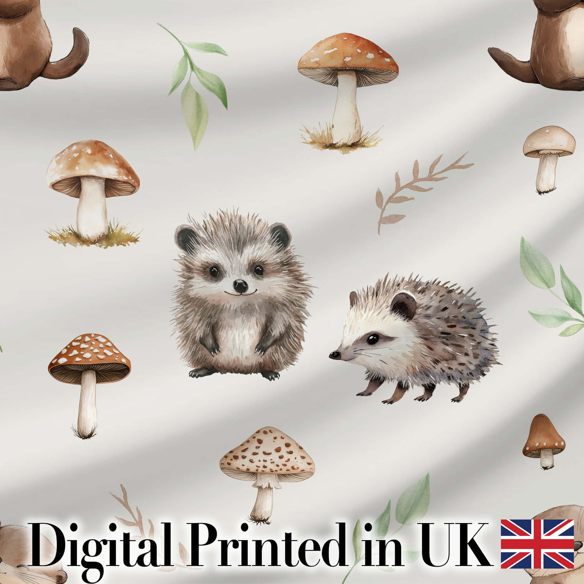 Woodland Hedgehogs with Mushrooms Leaves Light Grey Seamless Pattern Digital Print Fabric by the Metre UK Sewing Quilting Textile