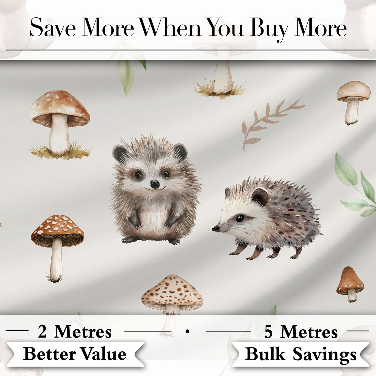 Woodland Hedgehogs with Mushrooms Leaves Light Grey Seamless Pattern Digital Print Fabric by the Metre UK Sewing Quilting Textile
