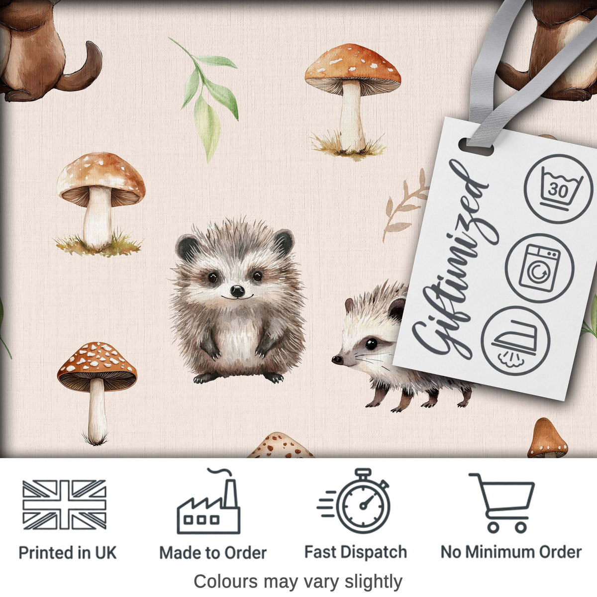 Woodland Hedgehogs with Mushrooms Leaves Warm Neutral Seamless Pattern Digital Print Fabric by the Metre UK Sewing Quilting Textile