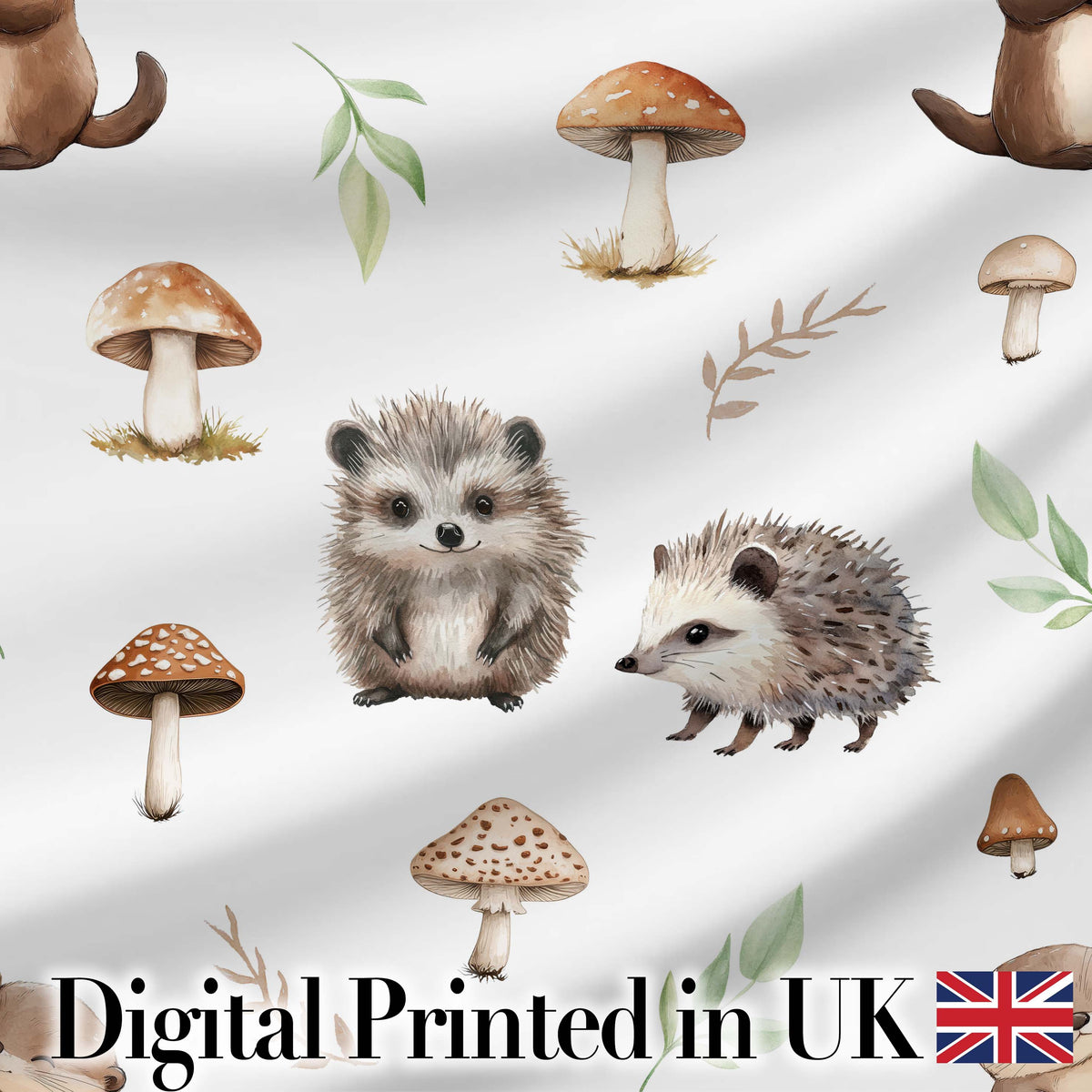 Cute Woodland Hedgehogs with Mushrooms Leaves White Background Seamless Pattern Digital Print Fabric by the Metre UK Sewing Quilting Textile