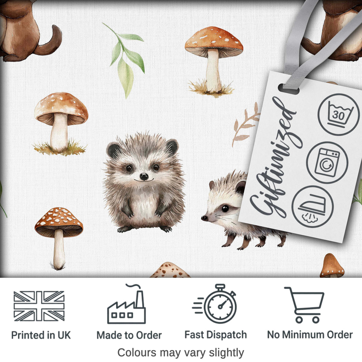 Cute Woodland Hedgehogs with Mushrooms Leaves White Background Seamless Pattern Digital Print Fabric by the Metre UK Sewing Quilting Textile