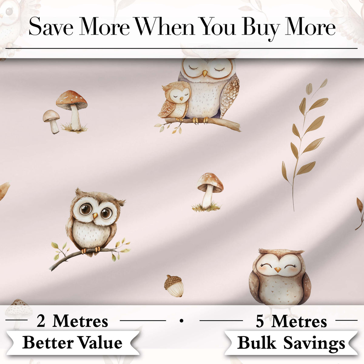 Cute Woodland Owls with Mushrooms Leaves Soft Blush Background Seamless Pattern Digital Print Fabric by the Metre UK Sewing Quilting Textile