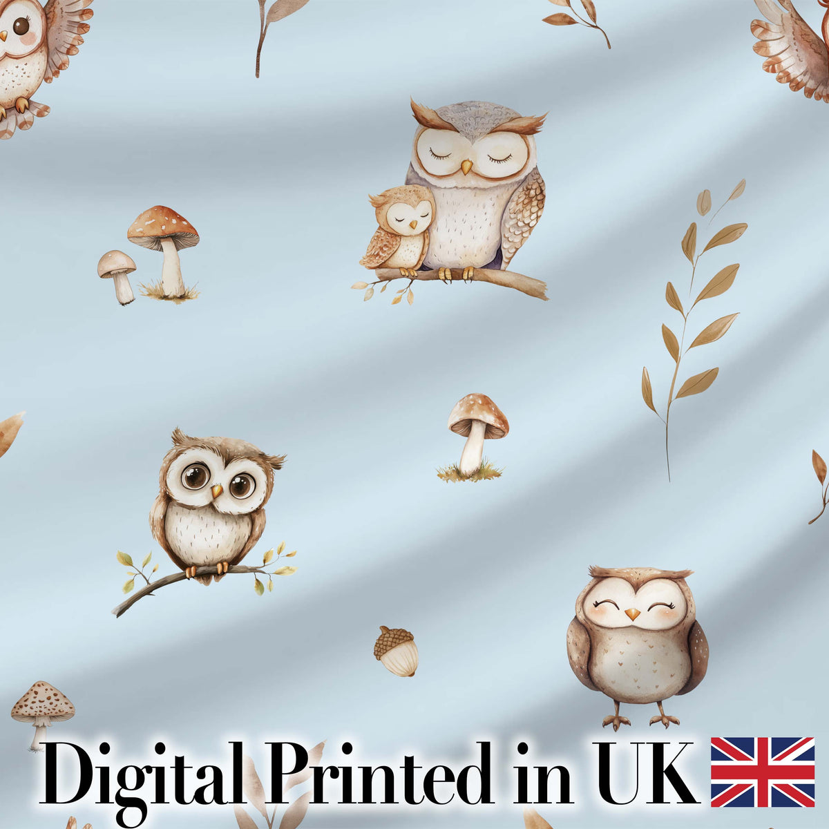 Cute Woodland Owls with Mushrooms Leaves Soft Blue Background Seamless Pattern Digital Print Fabric by the Metre UK Sewing Quilting Textile
