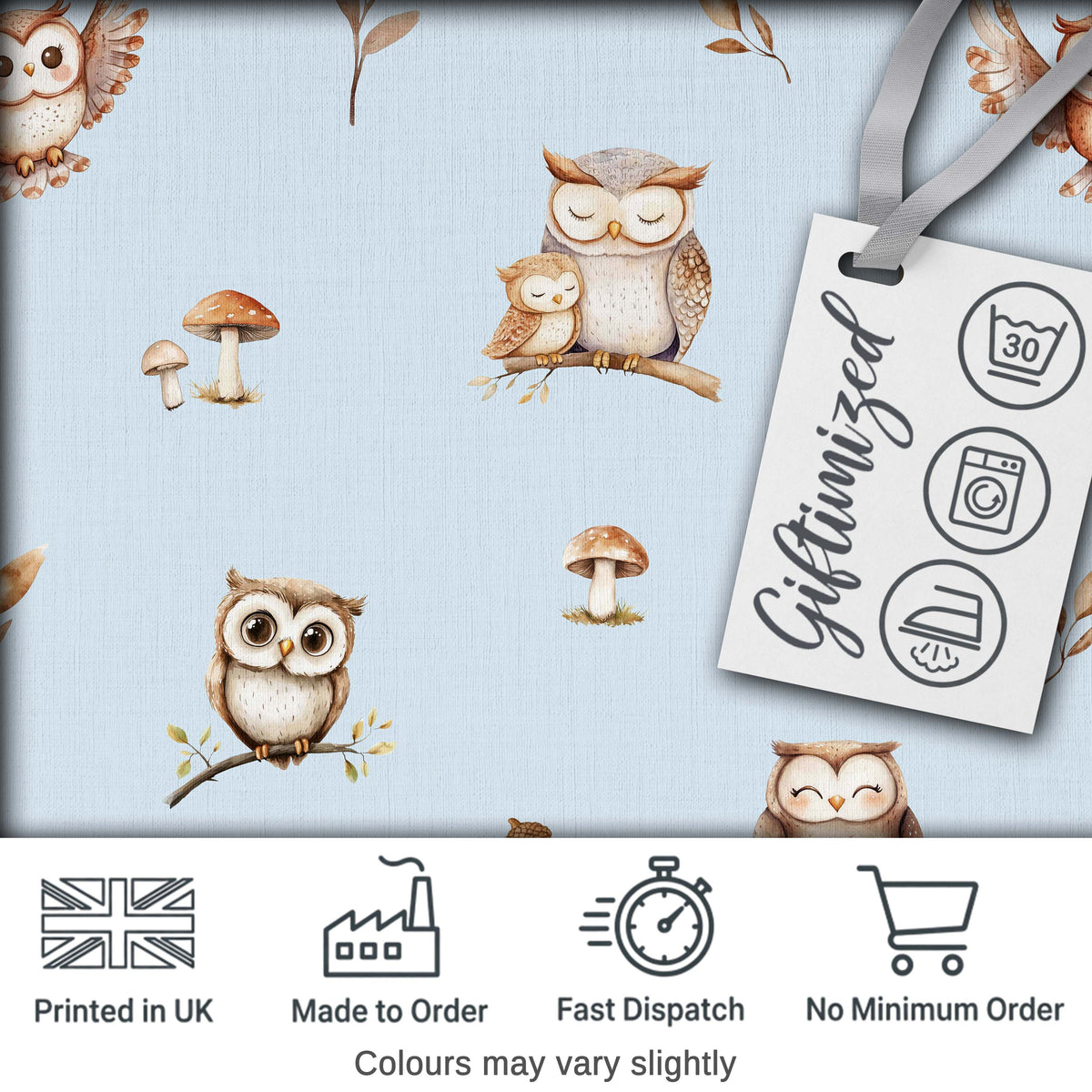 Cute Woodland Owls with Mushrooms Leaves Soft Blue Background Seamless Pattern Digital Print Fabric by the Metre UK Sewing Quilting Textile