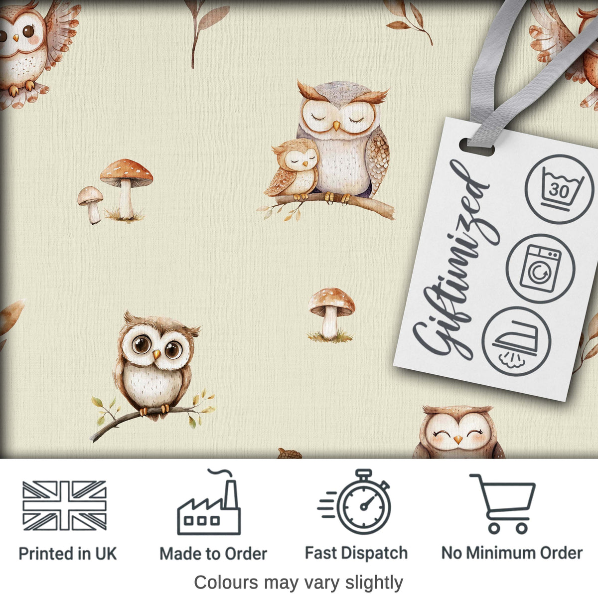 Cute Woodland Owls with Mushrooms Leaves Soft Beige Background Seamless Pattern Digital Print Fabric by the Metre UK Sewing Quilting Textile
