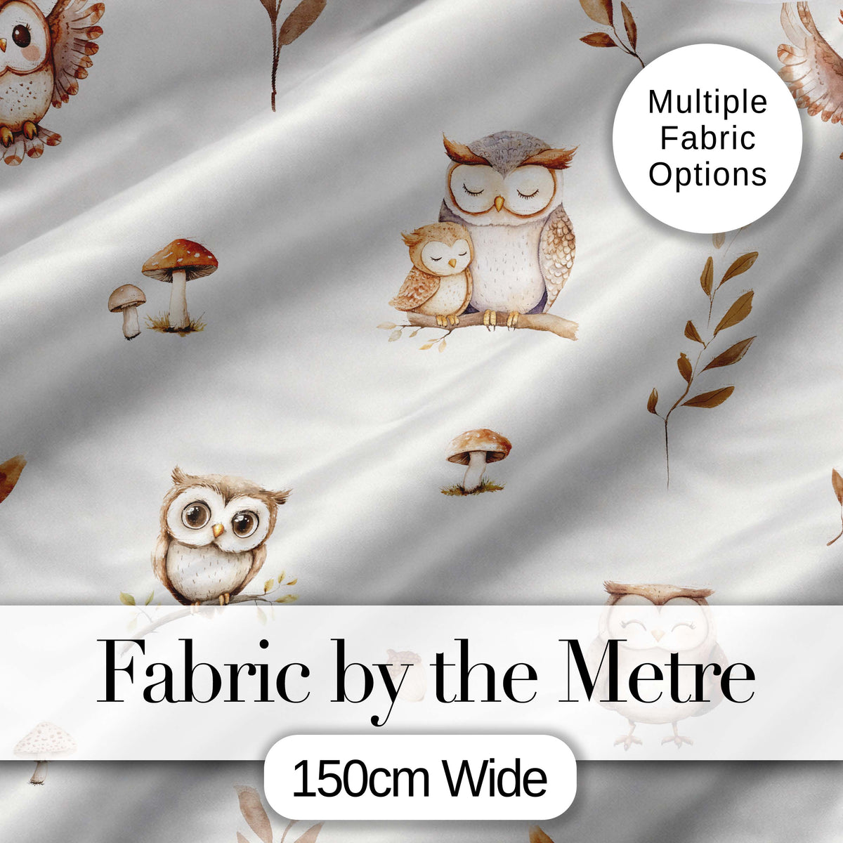 Woodland Owls with Mushrooms Leaves Warm Neutral Seamless Pattern Digital Print Fabric by the Metre UK Sewing Quilting Textile