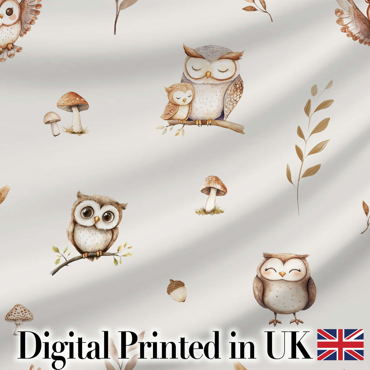 Woodland Owls with Mushrooms Leaves Warm Neutral Seamless Pattern Digital Print Fabric by the Metre UK Sewing Quilting Textile