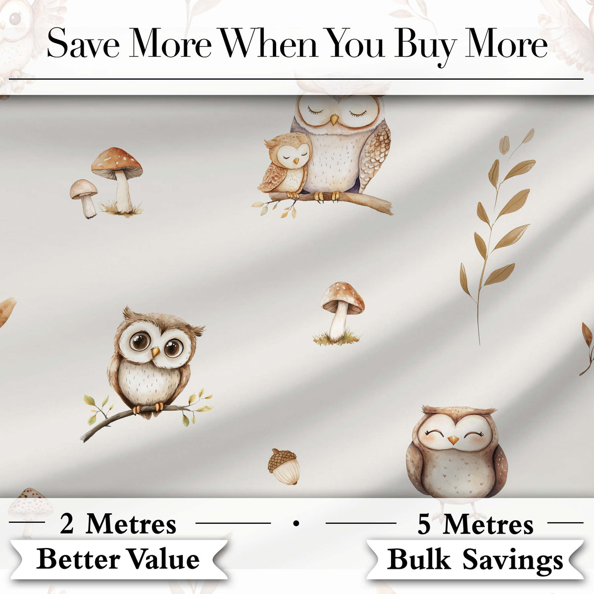 Woodland Owls with Mushrooms Leaves Warm Neutral Seamless Pattern Digital Print Fabric by the Metre UK Sewing Quilting Textile