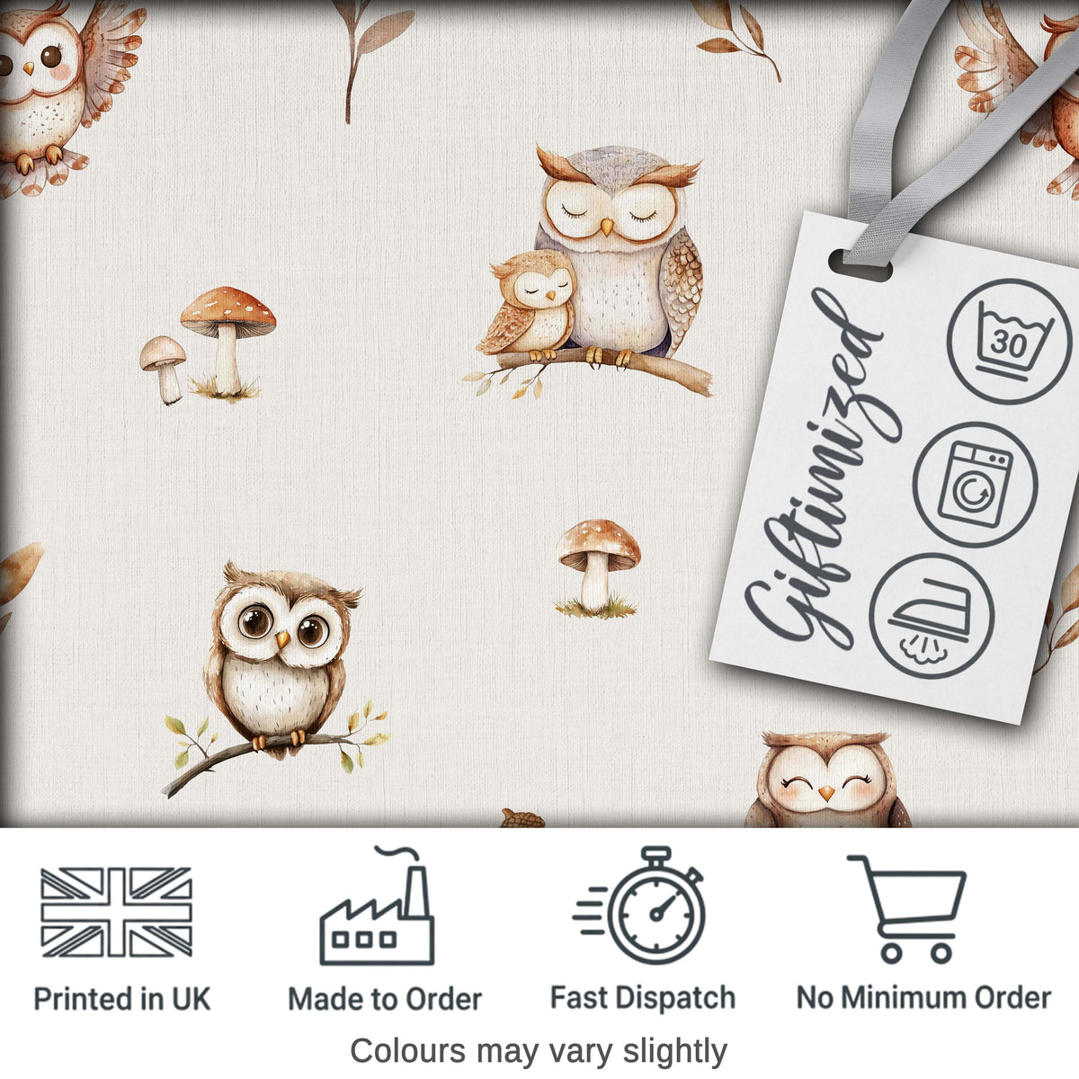 Woodland Owls with Mushrooms Leaves Warm Neutral Seamless Pattern Digital Print Fabric by the Metre UK Sewing Quilting Textile