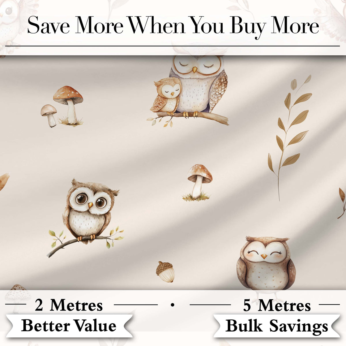 Cute Woodland Owls with Mushrooms Leaves Soft Cream Background Seamless Pattern Digital Print Fabric by the Metre UK Sewing Quilting Textile