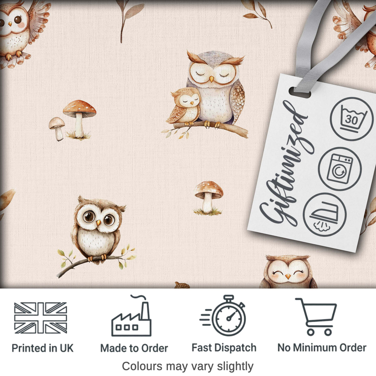 Cute Woodland Owls with Mushrooms Leaves Soft Cream Background Seamless Pattern Digital Print Fabric by the Metre UK Sewing Quilting Textile