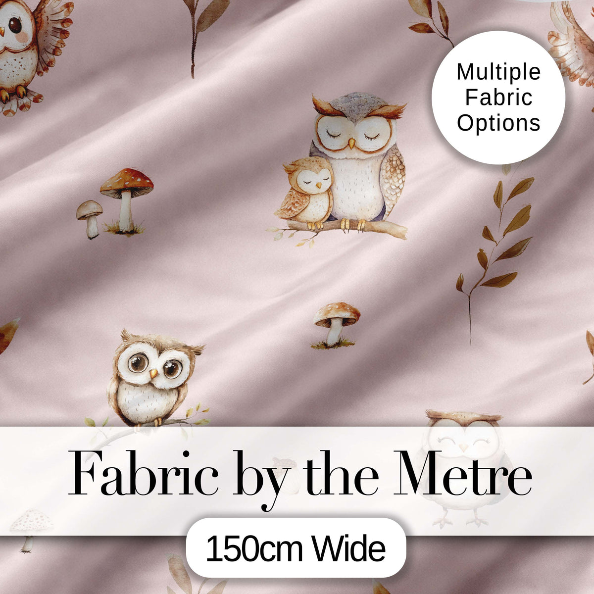 Cute Woodland Owls with Mushrooms Leaves Soft Pink Background Seamless Pattern Digital Print Fabric by the Metre UK Sewing Quilting Textile
