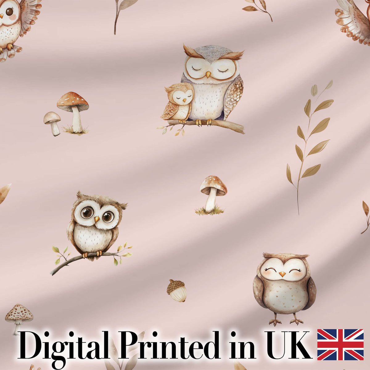 Cute Woodland Owls with Mushrooms Leaves Soft Pink Background Seamless Pattern Digital Print Fabric by the Metre UK Sewing Quilting Textile