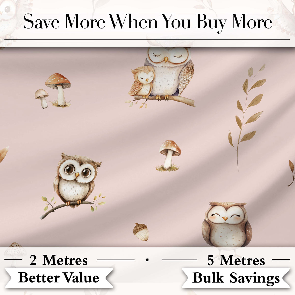 Cute Woodland Owls with Mushrooms Leaves Soft Pink Background Seamless Pattern Digital Print Fabric by the Metre UK Sewing Quilting Textile