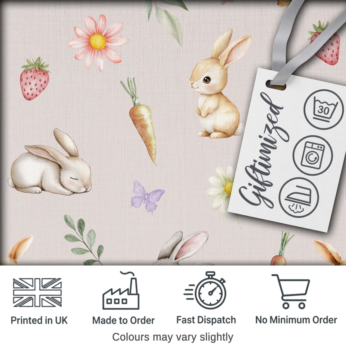 Cute Easter Bunnies with Flowers Carrots Soft Pink Background Seamless Pattern Digital Print Fabric by the Metre UK Sewing Quilting Textile