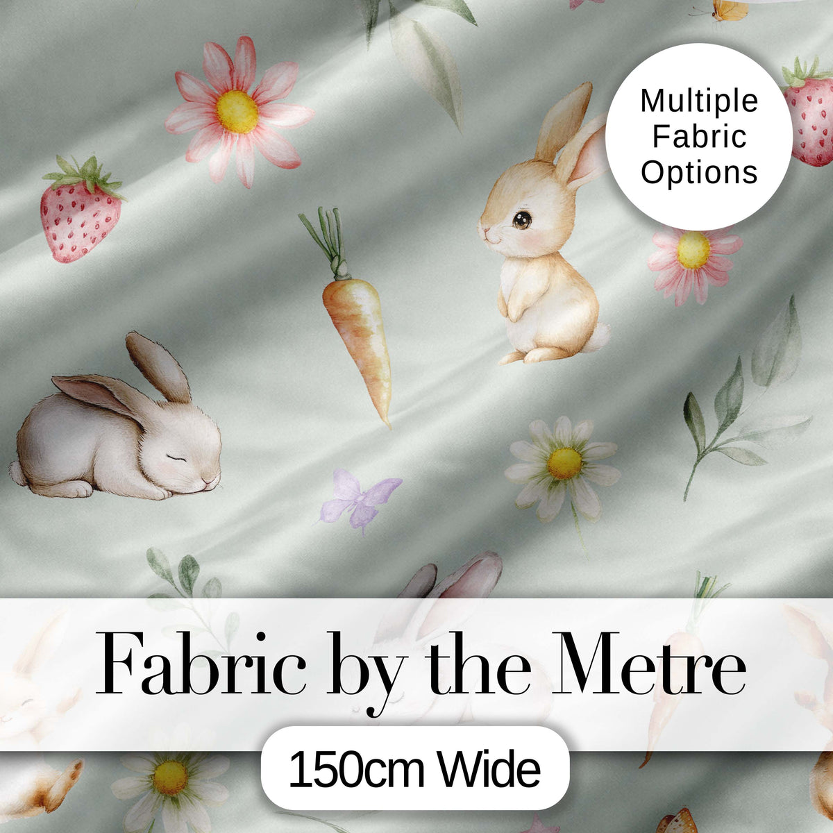 Cute Easter Bunnies with Flowers Carrots Soft Sage Background Seamless Pattern Digital Print Fabric by the Metre UK Sewing Quilting Textile