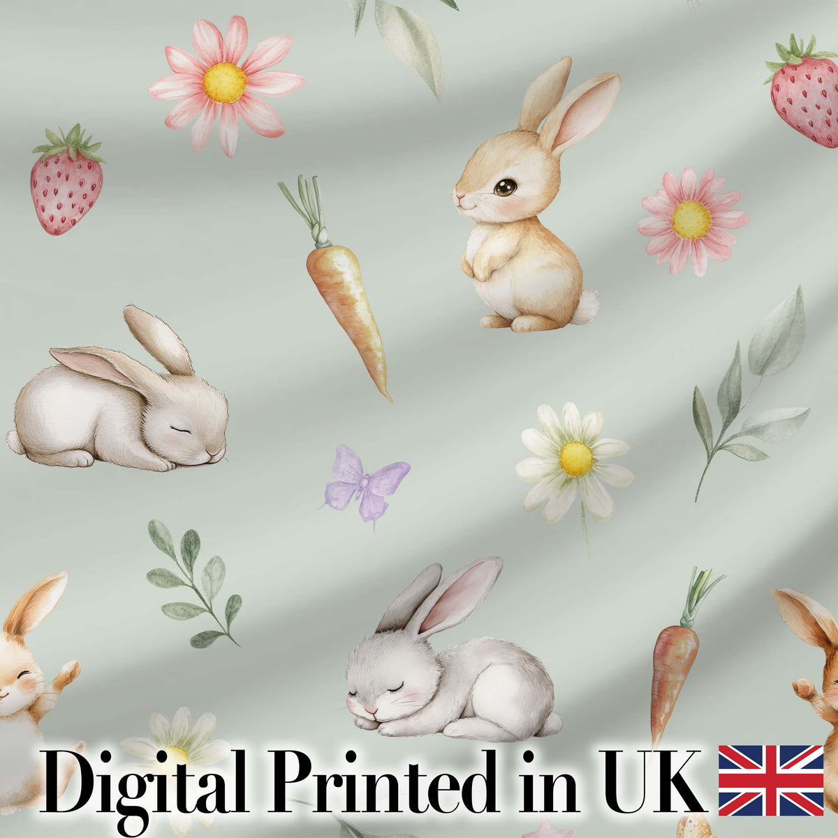 Cute Easter Bunnies with Flowers Carrots Soft Sage Background Seamless Pattern Digital Print Fabric by the Metre UK Sewing Quilting Textile