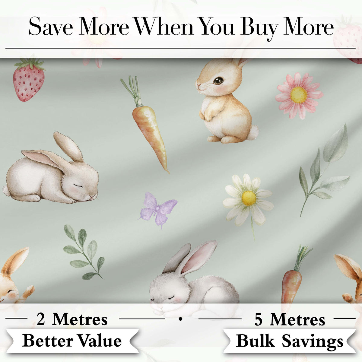 Cute Easter Bunnies with Flowers Carrots Soft Sage Background Seamless Pattern Digital Print Fabric by the Metre UK Sewing Quilting Textile