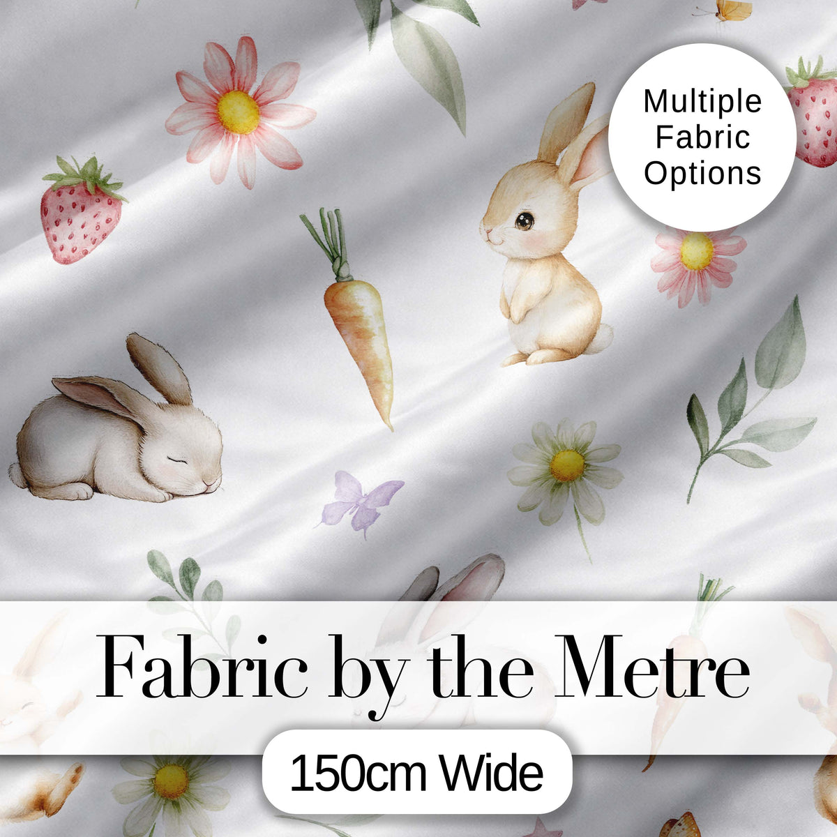 Cute Easter Bunnies with Flowers Carrots White Background Seamless Pattern Digital Print Fabric by the Metre UK Sewing Quilting Textile