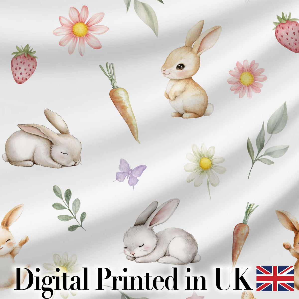 Cute Easter Bunnies with Flowers Carrots White Background Seamless Pattern Digital Print Fabric by the Metre UK Sewing Quilting Textile