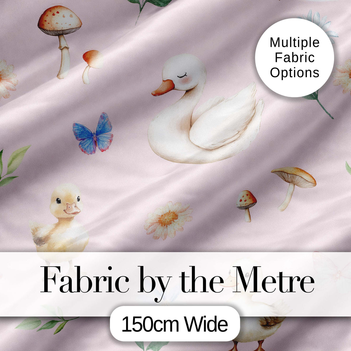 Swan and Ducklings with Flowers Mushrooms Soft Pink Seamless Pattern Digital Print Fabric by the Metre UK Sewing Quilting Textile