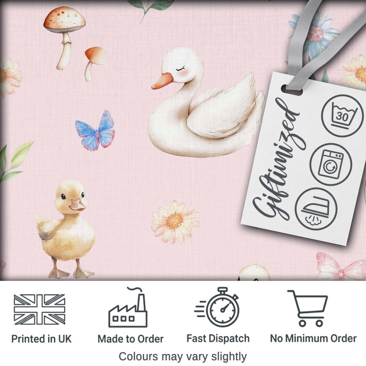 Swan and Ducklings with Flowers Mushrooms Soft Pink Seamless Pattern Digital Print Fabric by the Metre UK Sewing Quilting Textile