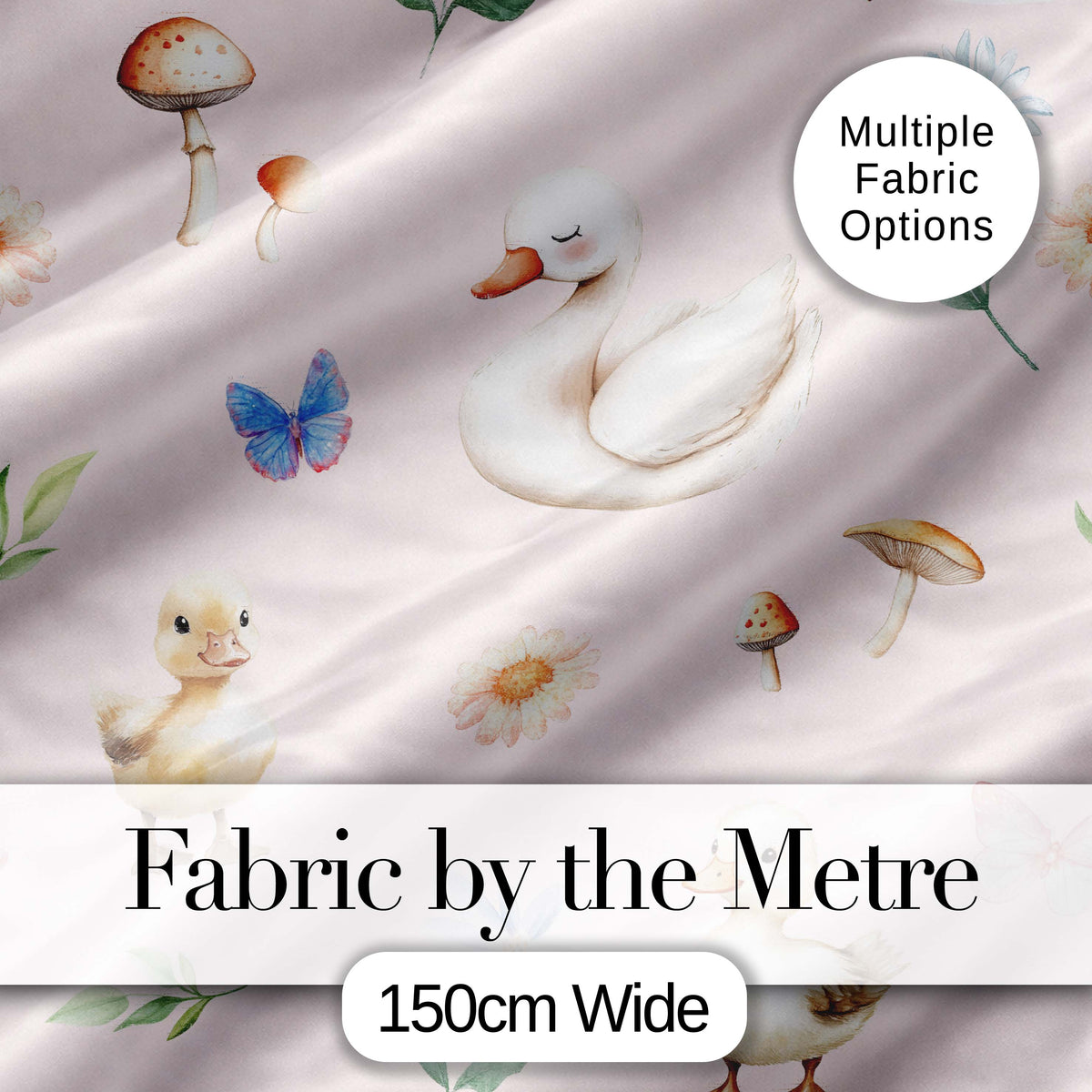 Swan and Ducklings with Flowers Mushrooms Soft Blush Seamless Pattern Digital Print Fabric by the Metre UK Sewing Quilting Textile