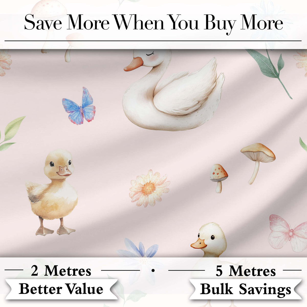 Swan and Ducklings with Flowers Mushrooms Soft Blush Seamless Pattern Digital Print Fabric by the Metre UK Sewing Quilting Textile