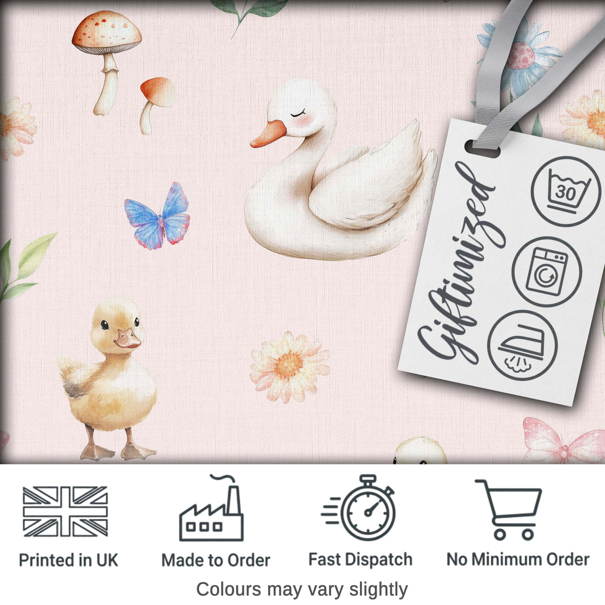 Swan and Ducklings with Flowers Mushrooms Soft Blush Seamless Pattern Digital Print Fabric by the Metre UK Sewing Quilting Textile