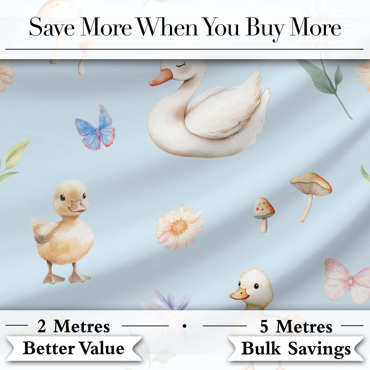 Swan and Ducklings with Flowers Mushrooms Soft Blue Seamless Pattern Digital Print Fabric by the Metre UK Sewing Quilting Textile