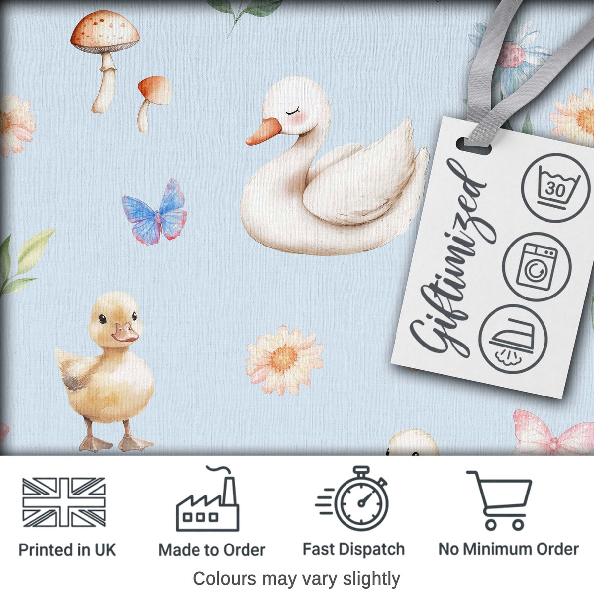 Swan and Ducklings with Flowers Mushrooms Soft Blue Seamless Pattern Digital Print Fabric by the Metre UK Sewing Quilting Textile