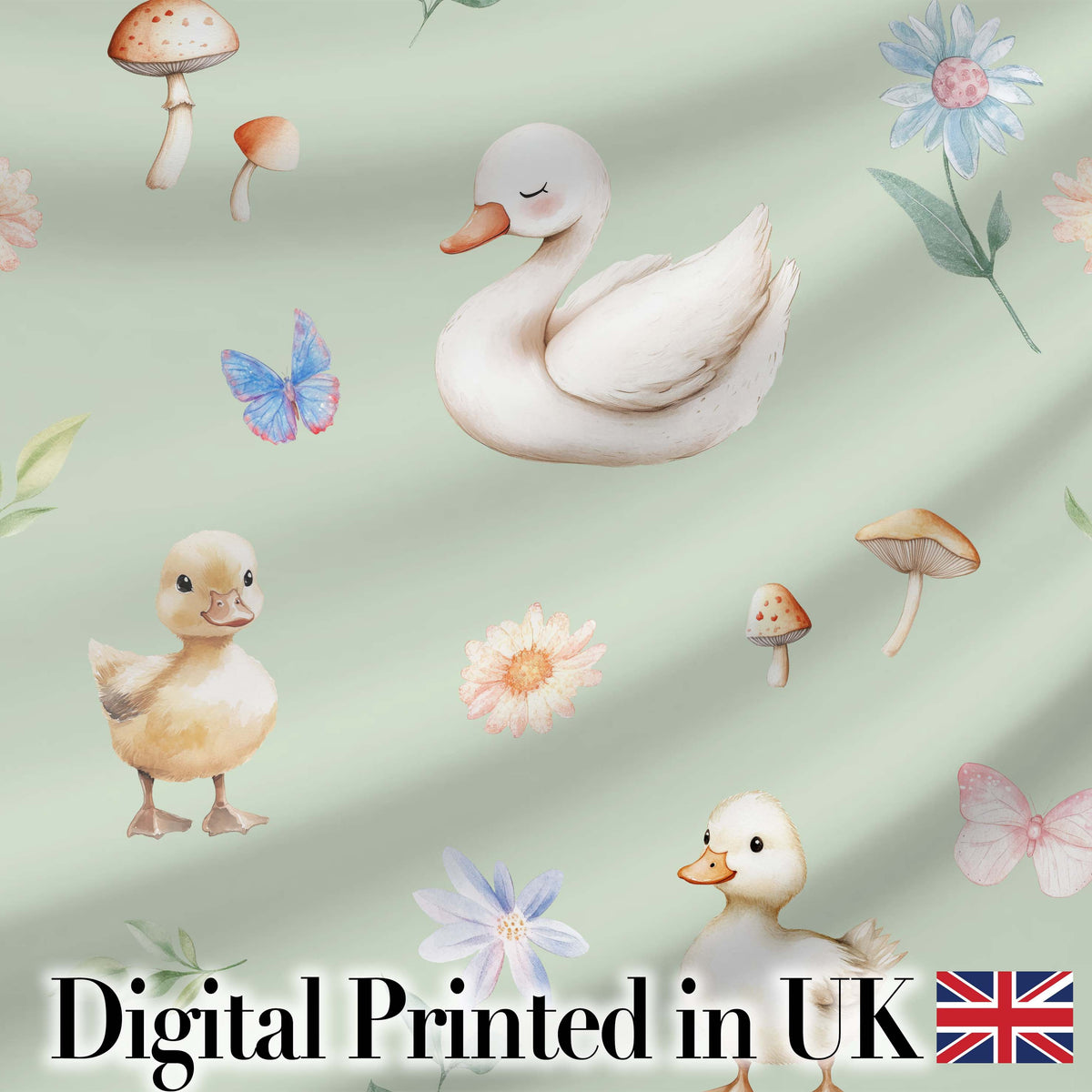 Swan and Ducklings with Flowers Mushrooms Soft Sage Seamless Pattern Digital Print Fabric by the Metre UK Sewing Quilting Textile