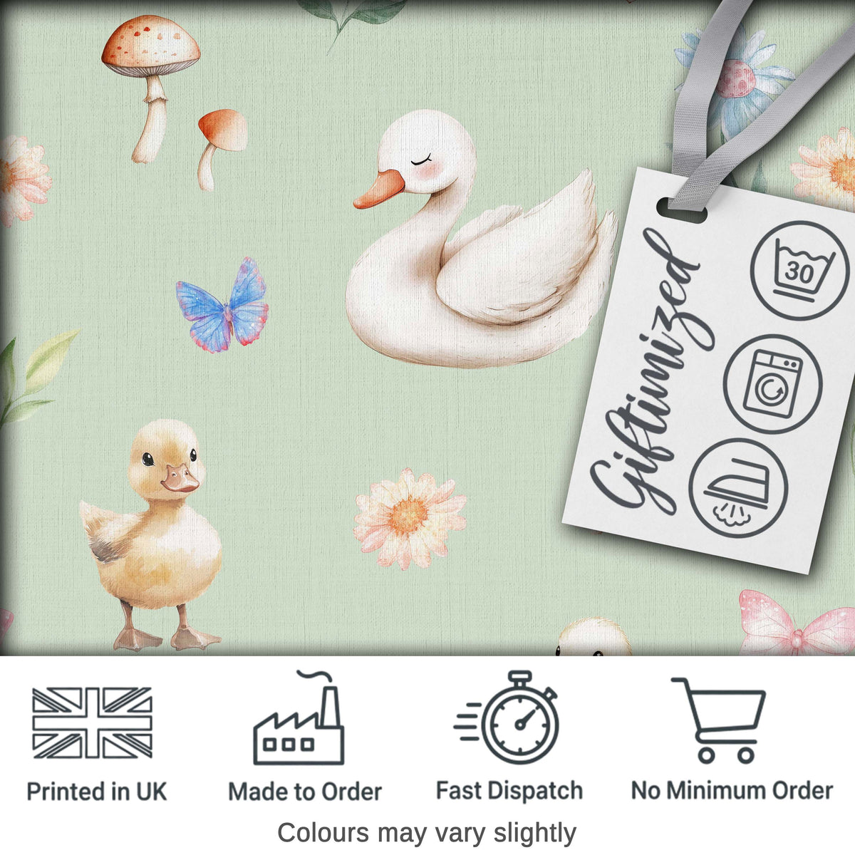 Swan and Ducklings with Flowers Mushrooms Soft Sage Seamless Pattern Digital Print Fabric by the Metre UK Sewing Quilting Textile