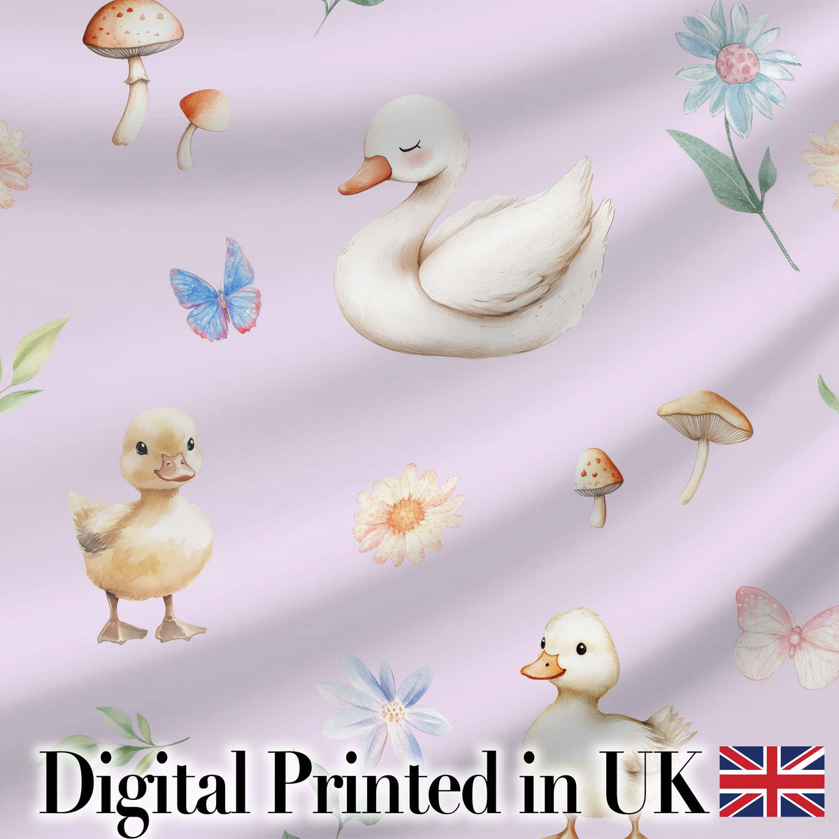 Swan and Ducklings with Flowers Mushrooms Soft Lilac Seamless Pattern Digital Print Fabric by the Metre UK Sewing Quilting Textile