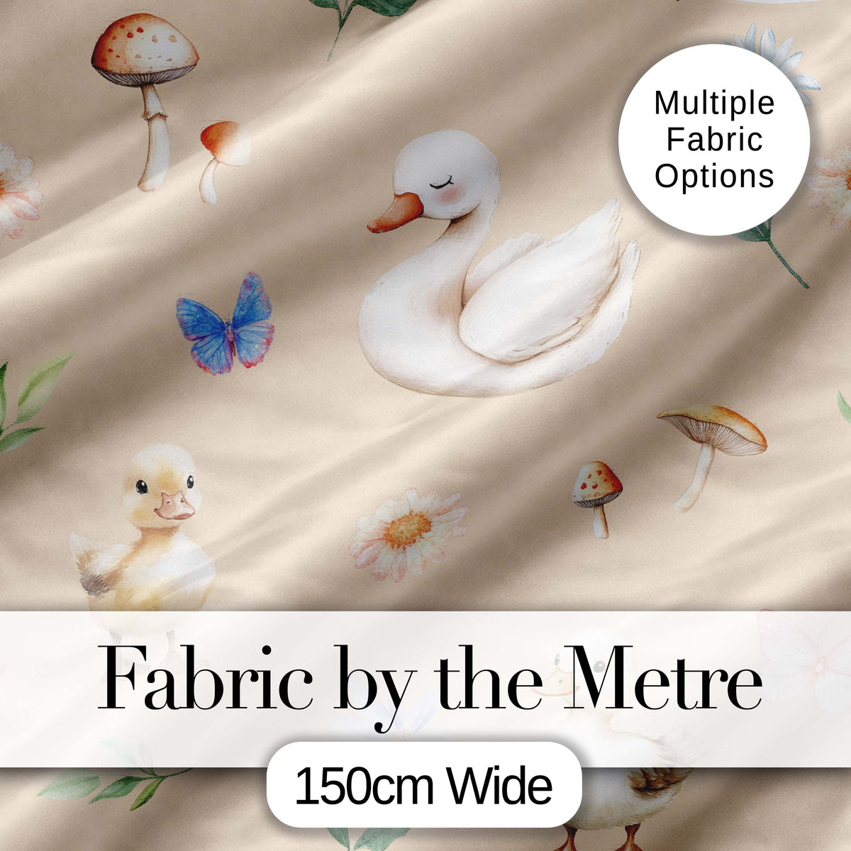Swan and Ducklings with Flowers Mushrooms Soft Beige Seamless Pattern Digital Print Fabric by the Metre UK Sewing Quilting Textile