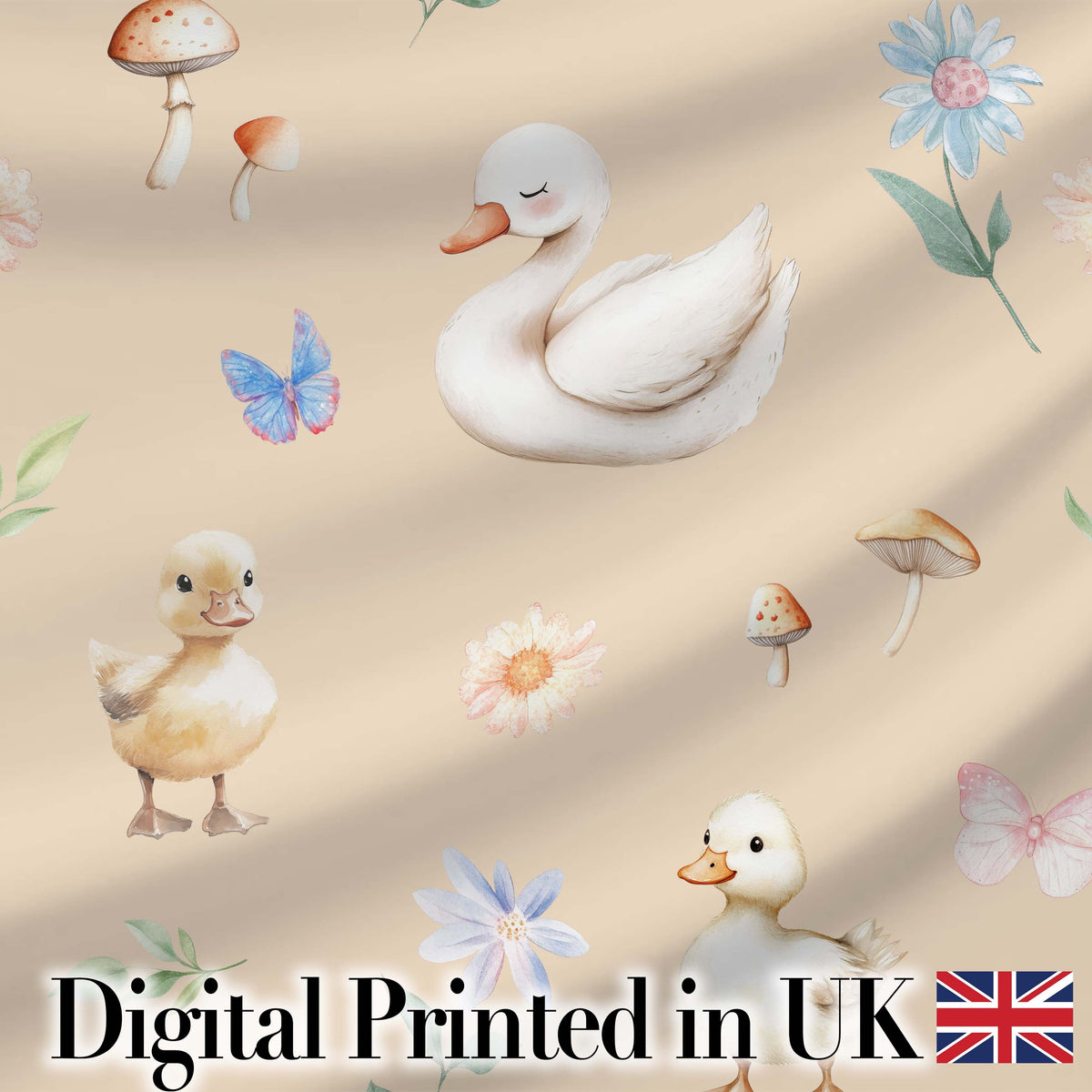 Swan and Ducklings with Flowers Mushrooms Soft Beige Seamless Pattern Digital Print Fabric by the Metre UK Sewing Quilting Textile