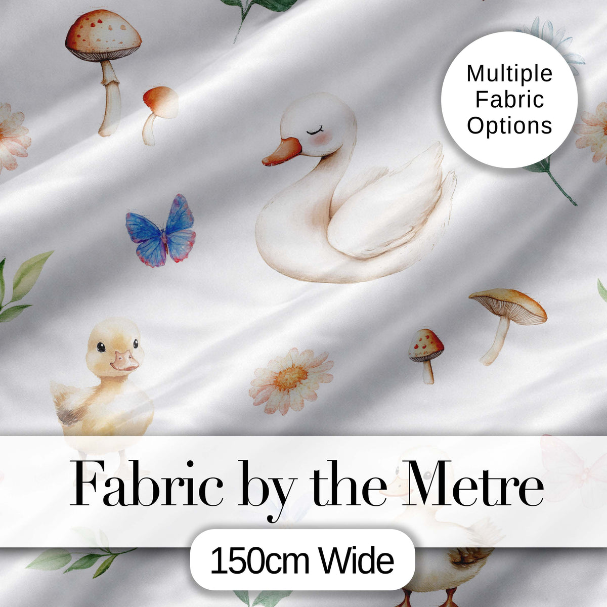 Swan and Ducklings with Flowers Mushrooms Soft White Seamless Pattern Digital Print Fabric by the Metre UK Sewing Quilting Textile