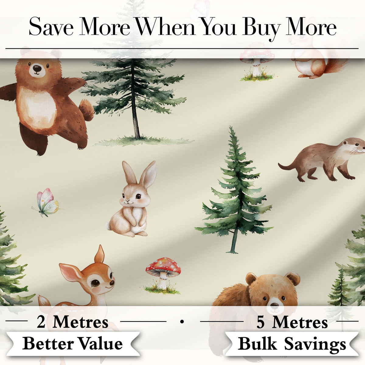 Bear Bunny Squirrel Trees Mushrooms Butterfly Soft Cream Seamless Pattern Digital Print Fabric by the Metre UK Sewing Quilting Textile