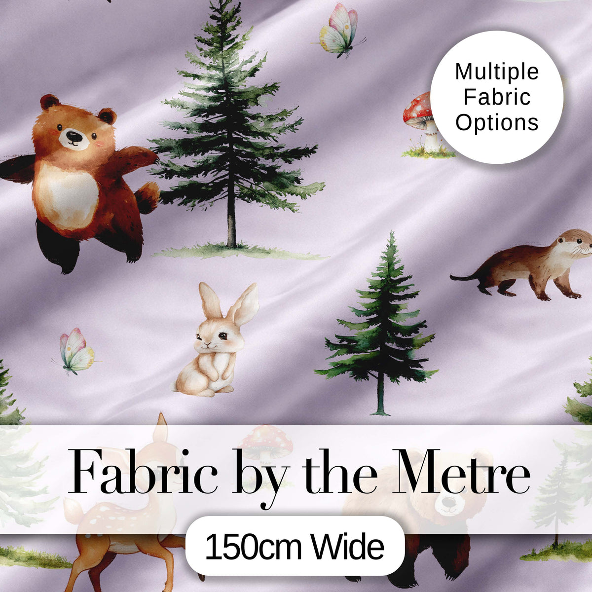 Bear Bunny Deer Squirrel Trees Mushrooms Butterfly Soft Lilac Seamless Pattern Digital Print Fabric by the Metre UK Sewing Quilting Textile